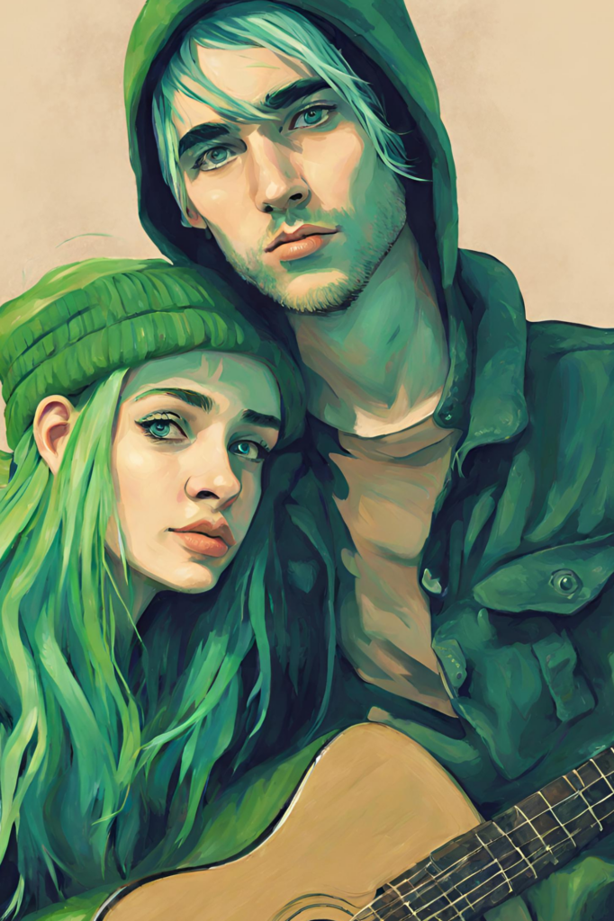 digital art of a woman holding a guitar in her lap. she's sitting next to a guy. they represent the two main characters - together they show the dynamics between a bpd npd couple or borderline narcissist relationship. Sadie's Favorite is a novel about a bpd npd couple that showcases the dynamics in a borderline narcissist relationship.